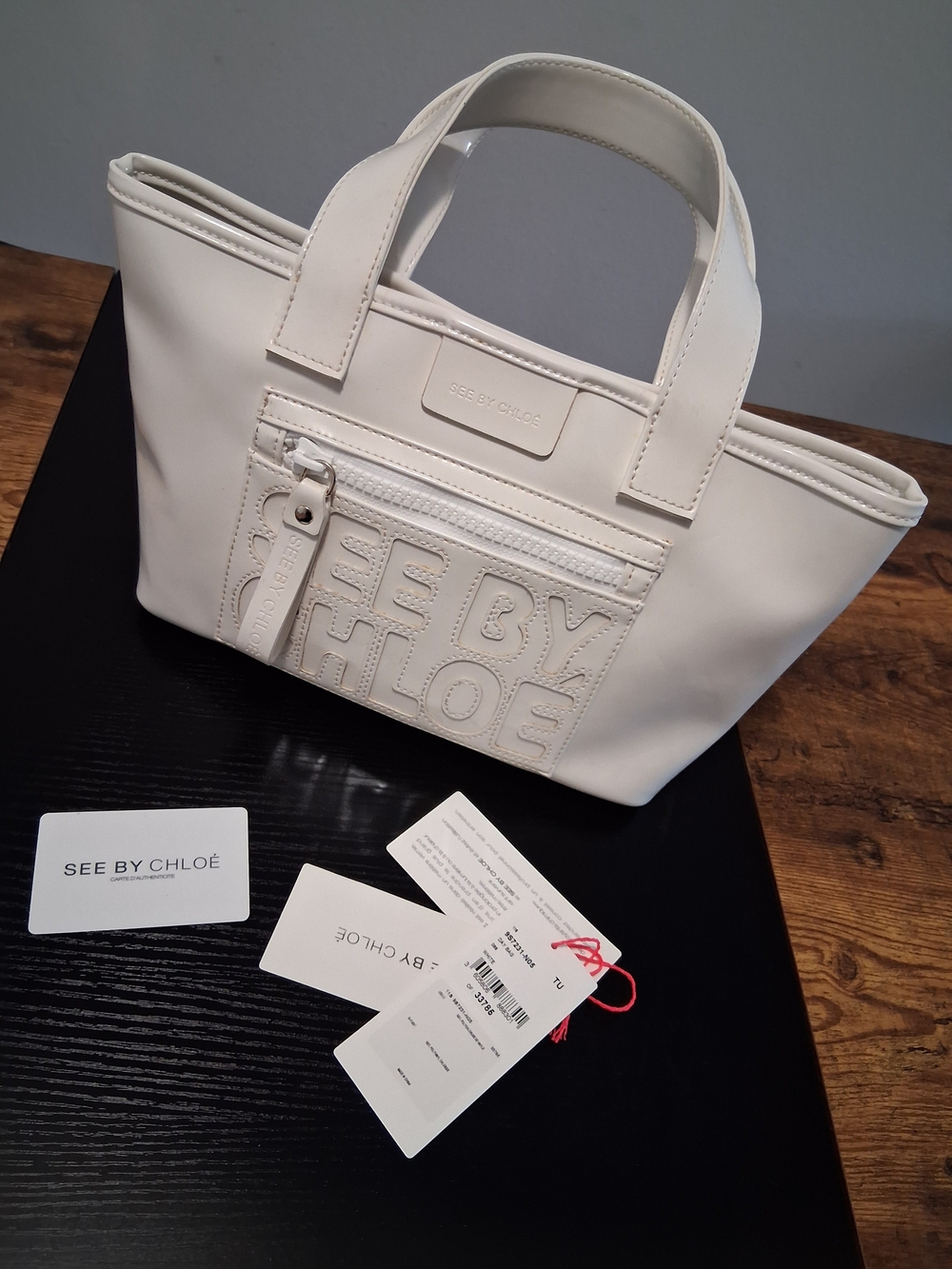 See By Chloé Off-White Leather Tote with Embossed Front Pocket